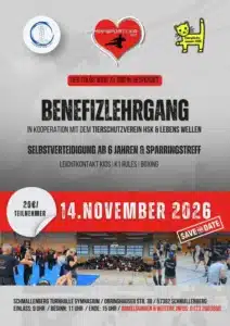 Plakat zum Benefizlehrgang mit Selbstverteidigung ab 6 Jahren und Sparringstreff am 14. November 2026 in Schmallenberg.