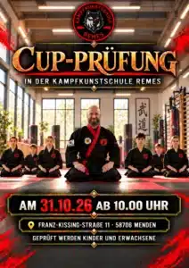 Plakat zur CUP-Prüfung für Kinder und Erwachsene am 31. Oktober 2026 ab 10 Uhr in der Kampfkunstschule Remes in Menden.