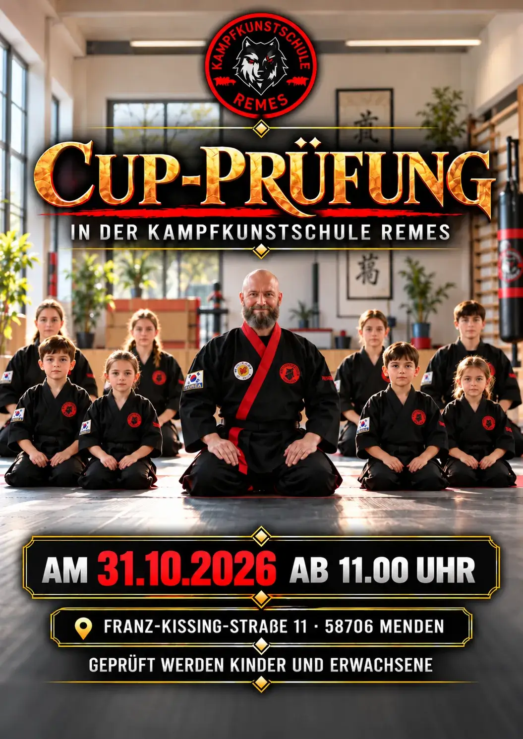 CUP-Prüfung in der Kampfkunstschule Remes am 31. Oktober 2026 ab 11 Uhr Plakat zur CUP-Prüfung für Kinder und Erwachsene am 31. Oktober 2026 ab 11 Uhr in der Kampfkunstschule Remes in Menden.
