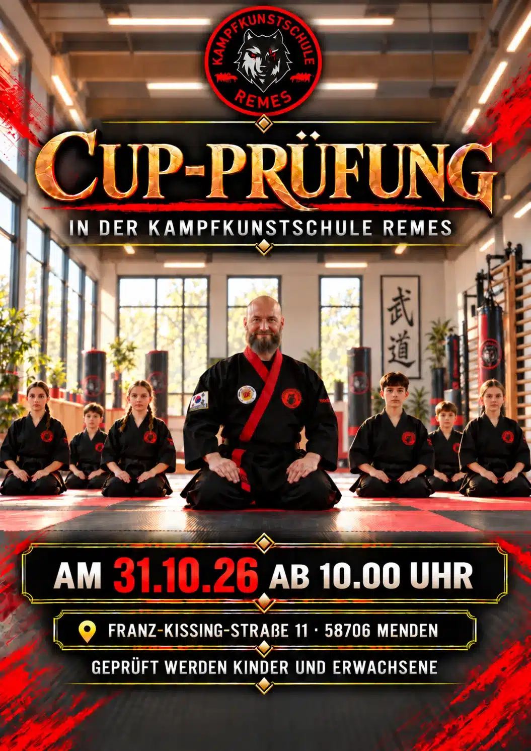 Plakat zur CUP-Prüfung für Kinder und Erwachsene am 31. Oktober 2026 ab 10 Uhr in der Kampfkunstschule Remes in Menden.