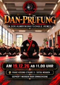 Plakat zur DAN-Prüfung für Erwachsene am 19. Dezember 2026 ab 11 Uhr in der Kampfkunstschule Remes in Menden.