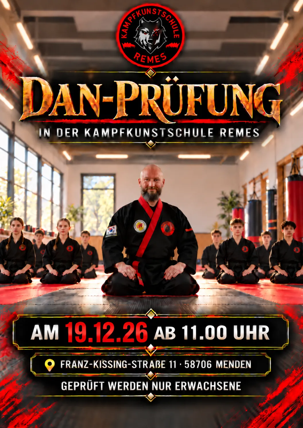 Plakat zur DAN-Prüfung für Erwachsene am 19. Dezember 2026 ab 11 Uhr in der Kampfkunstschule Remes in Menden.