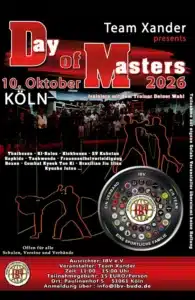 Veranstaltungsplakat „Day of Masters“: Kampfsport-Seminar am 10. Oktober 2026 von 11 bis 15 Uhr in Köln, Paulinenhof 5.