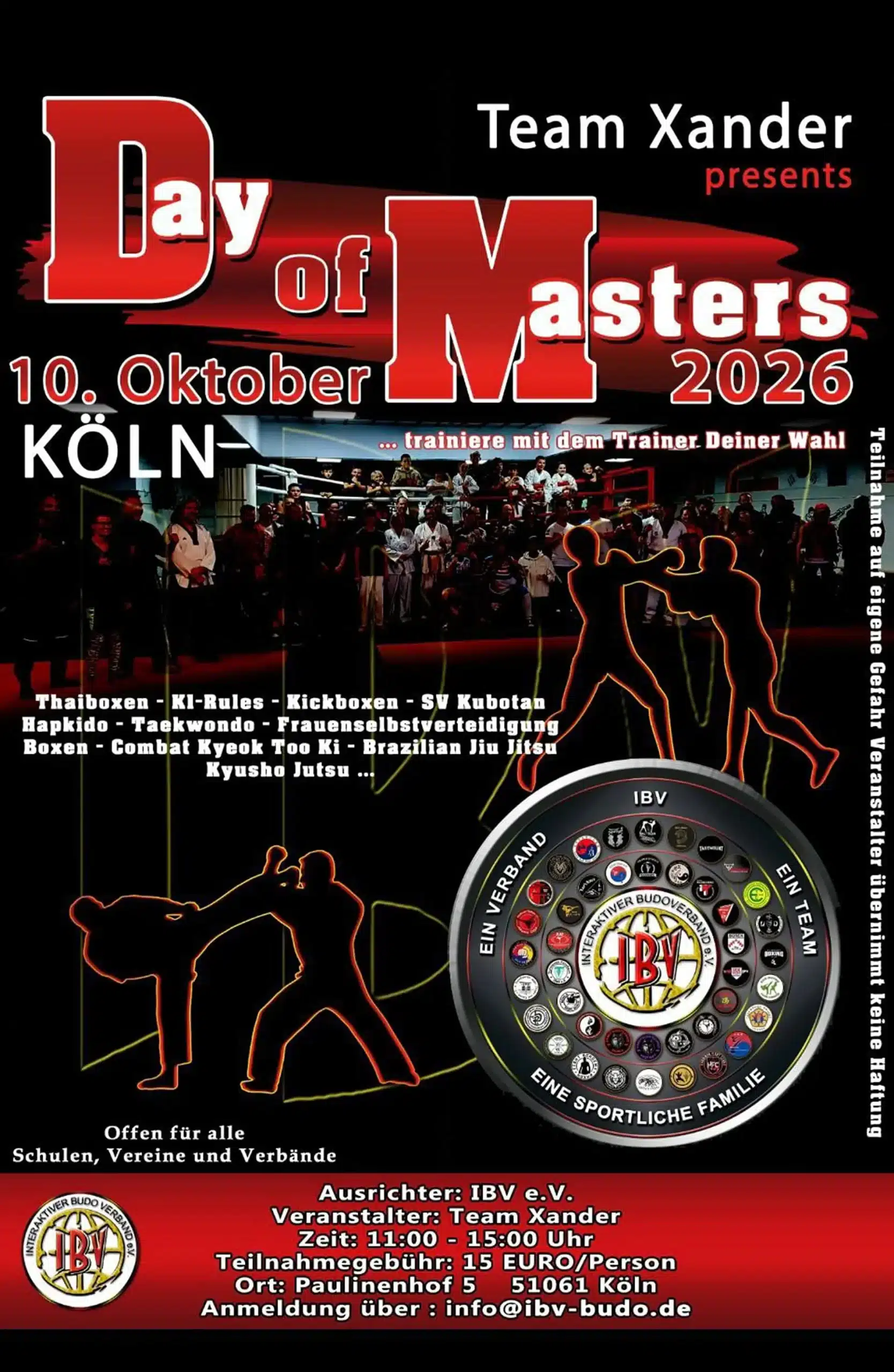 Veranstaltungsplakat „Day of Masters“: Kampfsport-Seminar am 10. Oktober 2026 von 11 bis 15 Uhr in Köln, Paulinenhof 5.