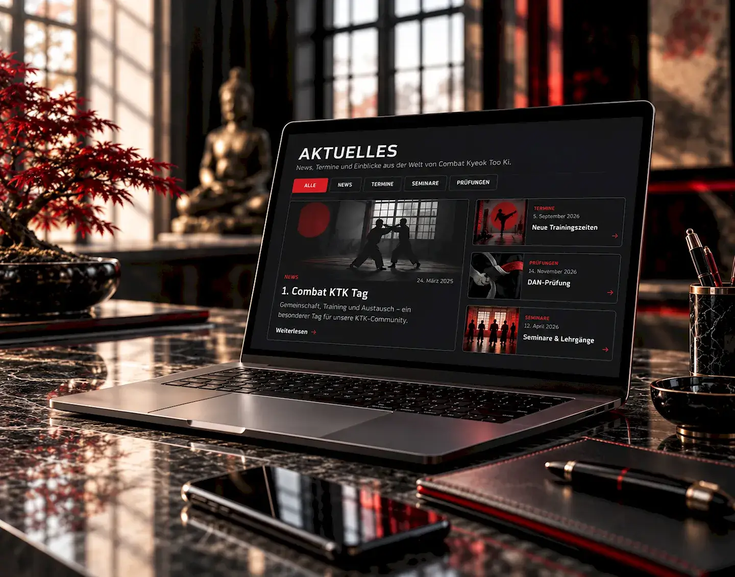 luxuriöses_dojo_büro_mit_martialischer_website Laptop zeigt eine Aktuelles-Seite mit News, Terminen, Seminaren und Prüfungen.
