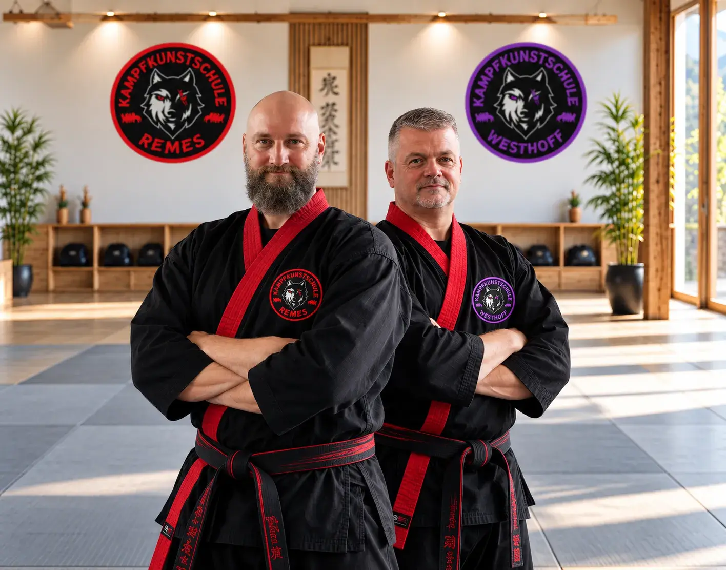 Remes-Westhoff-Hero-1440x1130 Andreas Remes links vorn und Andy Westhoff rechts dahinter mit verschränkten Armen in schwarzen Kampfanzügen.