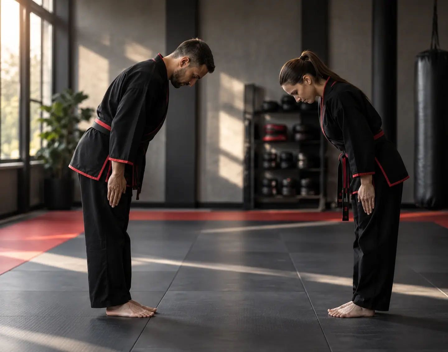 combat-kyeok-too-ki-werte-und-philosophie-mobile Mann und Frau in schwarzen Kampfanzügen verbeugen sich voreinander im Dojo.