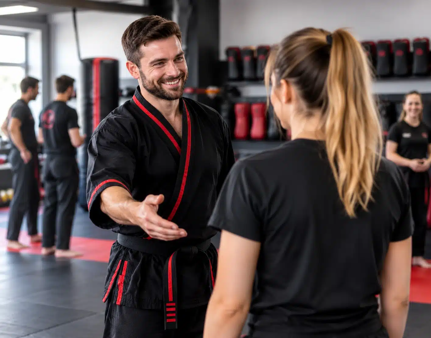 combat-kyeok-too-ki-probetraining-mobile Lächelnder Trainer reicht einer Teilnehmerin in schwarzer Sportkleidung die Hand.