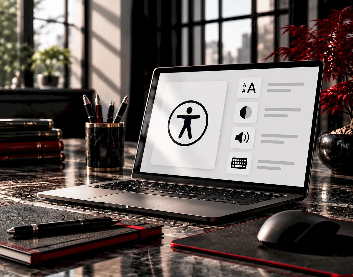 eleganter_arbeitsplatz_mit_barrierefreiem_laptop Laptop zeigt Symbole für Barrierefreiheit, Schriftgröße, Kontrast, Audio und Tastatur.