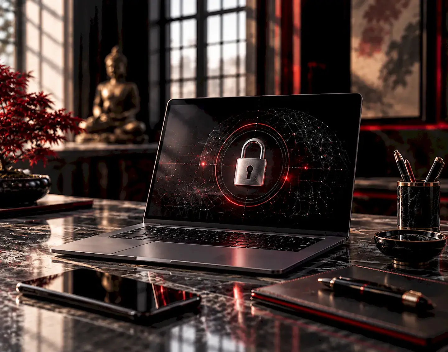 luxuriöser_cybersecurity_arbeitsplatz_mit_laptop Laptop zeigt ein geschlossenes Vorhängeschloss in einer roten digitalen Netzgrafik.