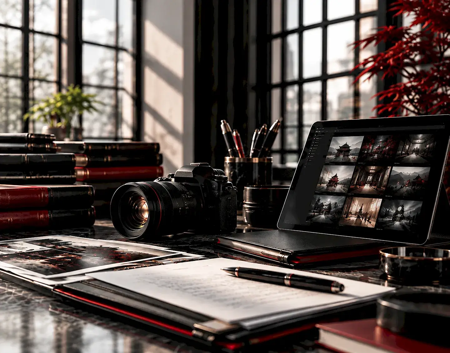 cinematisches_fotostudio_mit_rotem_akzent Kamera neben einem Tablet mit Fotogalerie, ausgedruckten Bildern und einer Schreibmappe.
