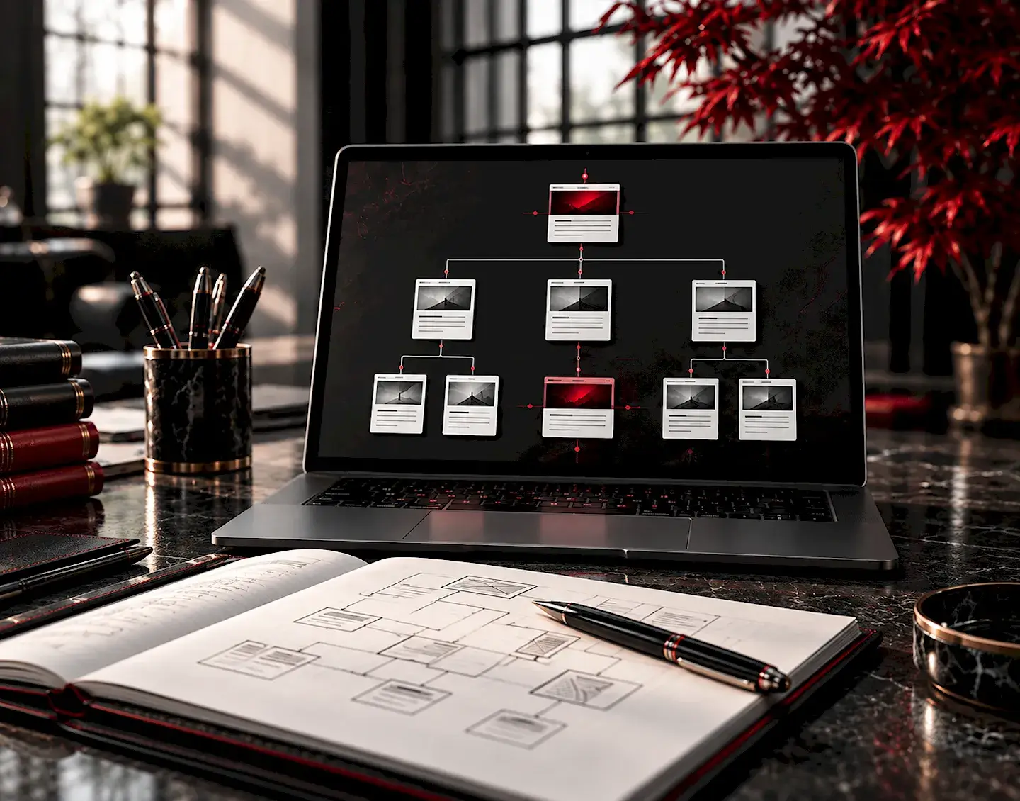 luxuriöser_schreibtisch_mit_sitemap_entwurf Laptop mit hierarchischer Seitenübersicht hinter einem Notizbuch mit skizzierter Sitemap.